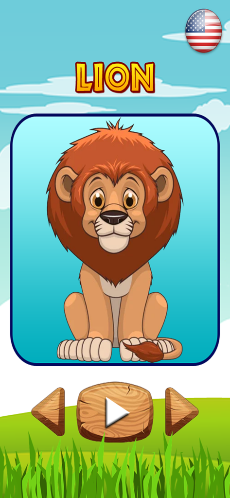 Un león de dibujos animados en la aplicación educativa Nombres y Sonidos de Animales