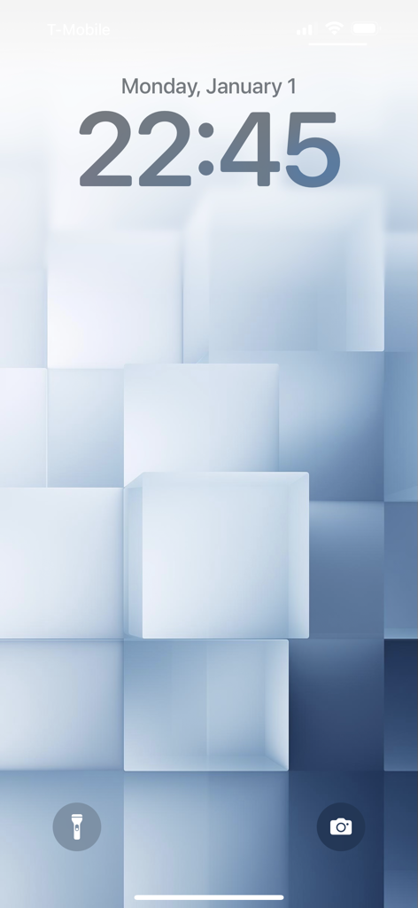 iPhone lock screen showing a 3D abstract blue cube wallpaper