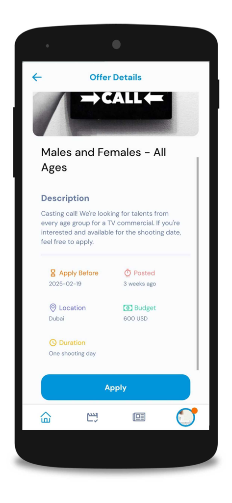 Promote Yourself - Casting - Pantalla móvil que muestra los detalles de una convocatoria de casting para un comercial de televisión, incluyendo presupuesto, ubicación y un botón para postular.