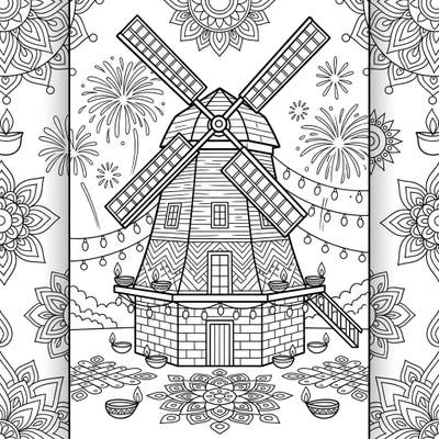 Immerse yourself in the joy of Diwali with this beautifully intricate smock mill coloring page. Featuring traditional diyas, mesmerizing rangoli patterns, and celebratory fireworks, it's a perfect blend of culture and creativity.