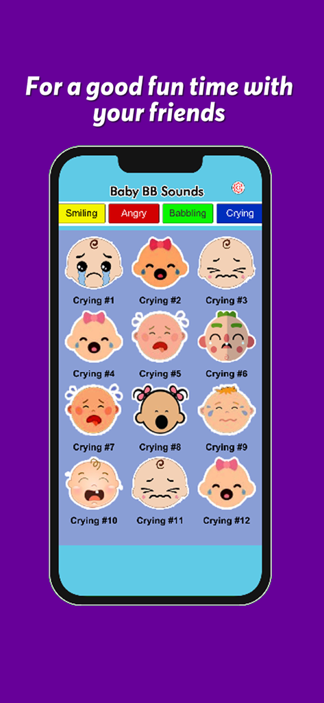 Baby BB Sounds - A mobile app screen showing a grid of various crying baby face icons with labels from Crying 1 to 12