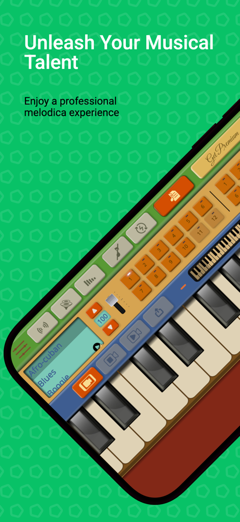 Professional Melodica - Mobile screen showing the Professional Melodica interface with digital keyboard and rhythm settings