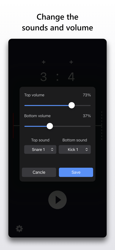 Interface of the Polyrhythm app showing volume sliders and sound selection for top and bottom rhythm tracks.