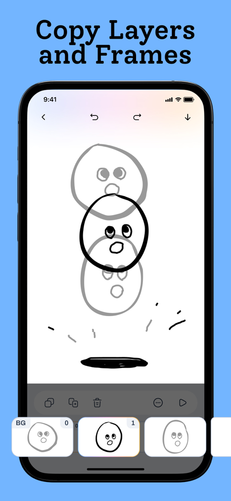 Sketch animation interface in FLIP app highlighting copy layers and frames tools.