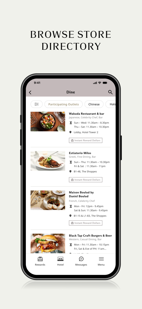 Schermata della directory dei ristoranti dell'app Marina Bay Sands con orari di apertura e sedi