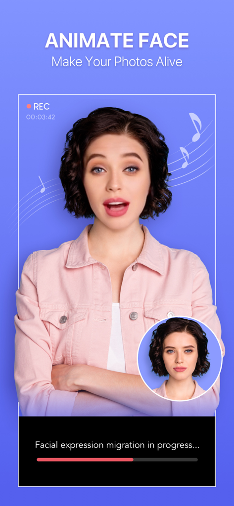 Tempi Art-Cartoon&AnimatePhoto - Screenshot of the Tempi Art app interface demonstrating the animate face feature that converts static photos into talking or singing videos with music.