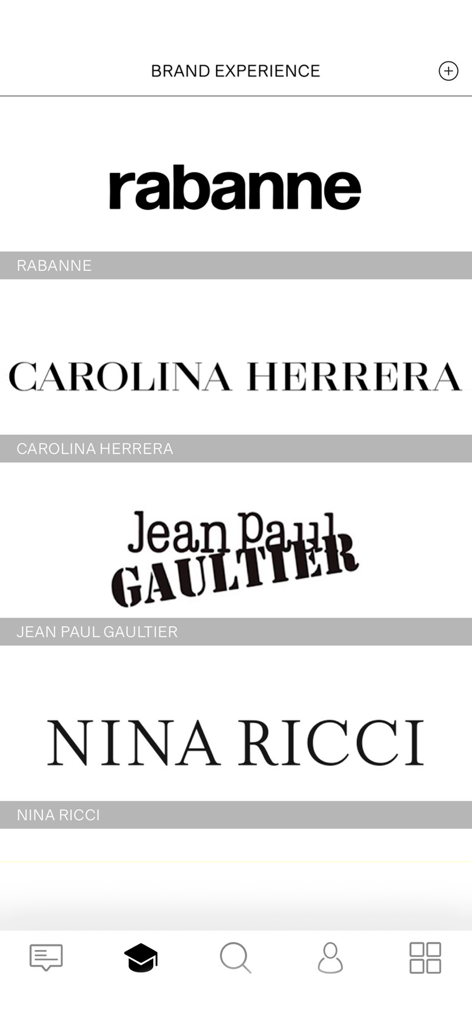 BRAND EXPERIENCE - Capture d'écran de l'application Brand Experience affichant les logos des marques de luxe, notamment Rabanne, Carolina Herrera, Jean Paul Gaultier et Nina Ricci.