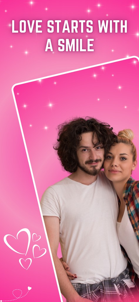 MeetChat iHappy - A smiling couple on a pink background with the text Love starts with a smile