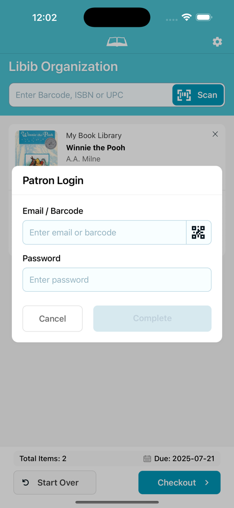 Patron login screen on the Libib Kiosk app for library self-checkout