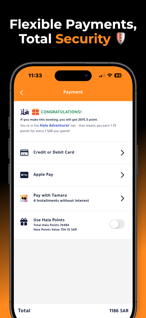 Otlaat travel app payment screen showing secure options like Apple Pay and Tamara installments