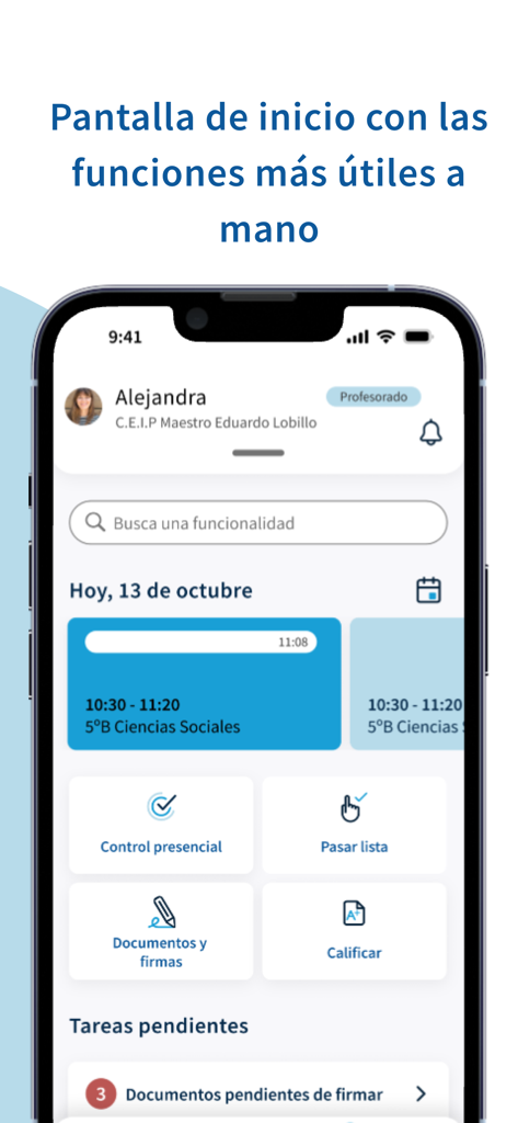 iSéneca - Pantalla de inicio de la aplicación móvil iSeneca para profesores que muestra el horario de clases y botones de acceso rápido para asistencia y calificaciones.