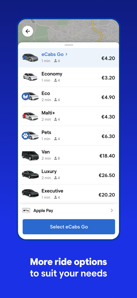eCabs: Request a Ride - eCabs app interface displaying various ride options including Economy Van and Luxury categories with upfront pricing