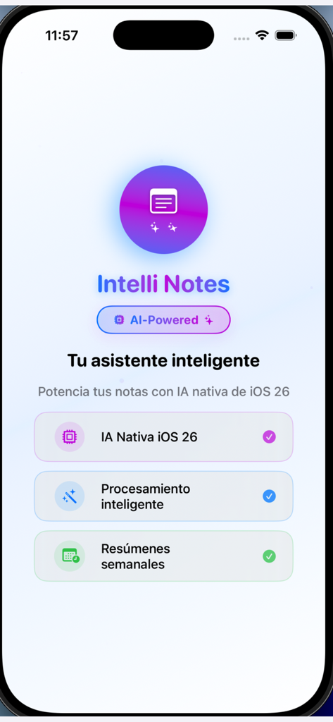 intelli note - Intelli Note app screen showing intelligent assistant and native AI powered features
