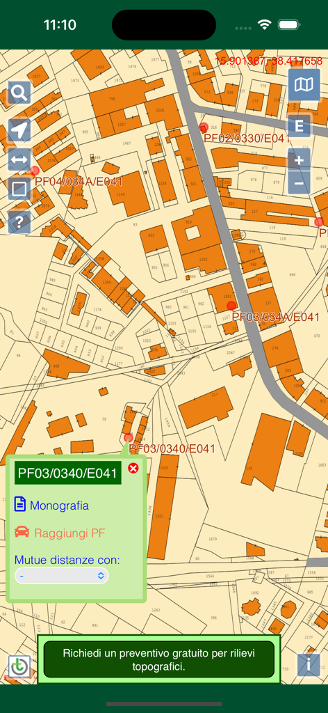 Interface of the Mappe Catasto app showing Italian land registry parcels and fiducial points on a digital map