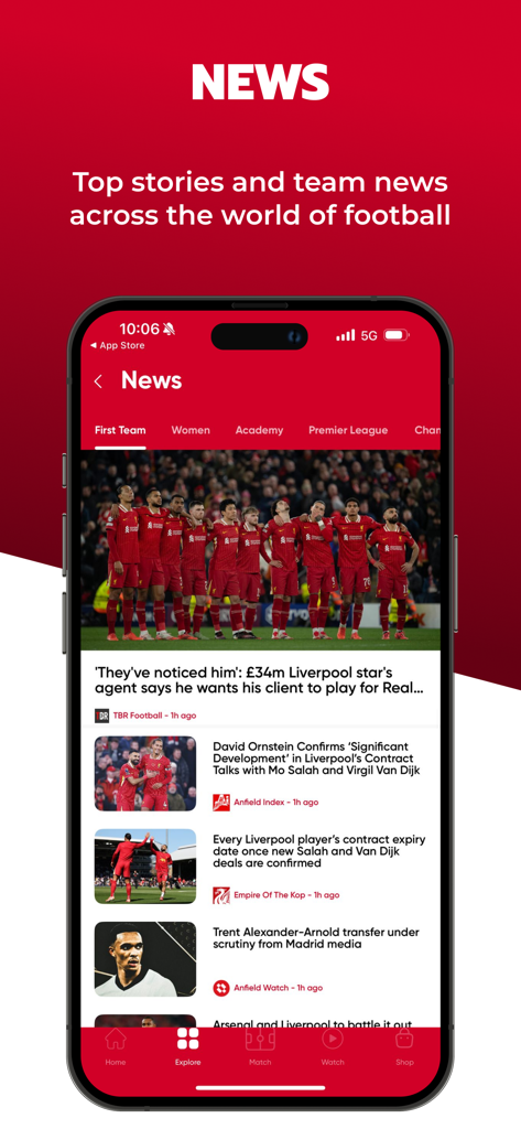The Kop - Live Scores & News - News feed on The Kop app showing Liverpool FC transfer news and player updates.