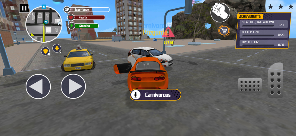 Vegas Mafia: Grand City Battle - Gameplay screenshot of Vegas Mafia showing a character stealing an orange sports car on a city street with game UI elements.