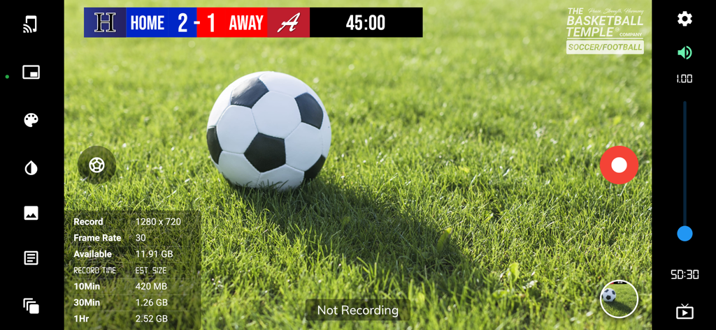 BT Soccer/Football Camera - Pantalla de grabación de BT Cámara de Fútbol con superposición de marcador en vivo y temporizador del partido