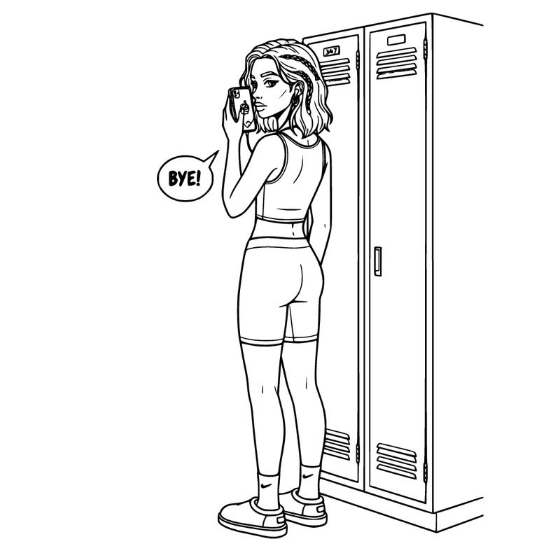 girl in tang top with non boot uggs with nike socks biker shorts short wavy hair with random braids in it. a necklace earrings a belly button ring.  short on her phone on call while bye her locker and earpods