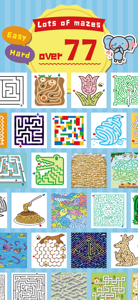 Maze Games - 動物や幾何学的な形を特徴とする、子供向けの77個以上のカラフルで教育的な迷路パズルのコレクション