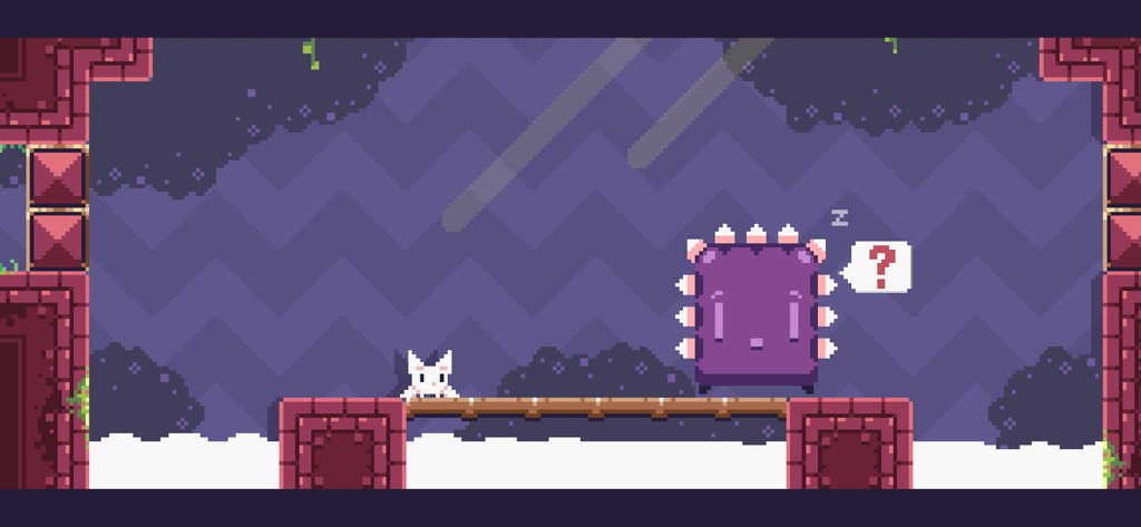 Um personagem gato-pássaro branco enfrentando um inimigo roxo com espinhos em um nível estilizado de plataforma em pixel art.