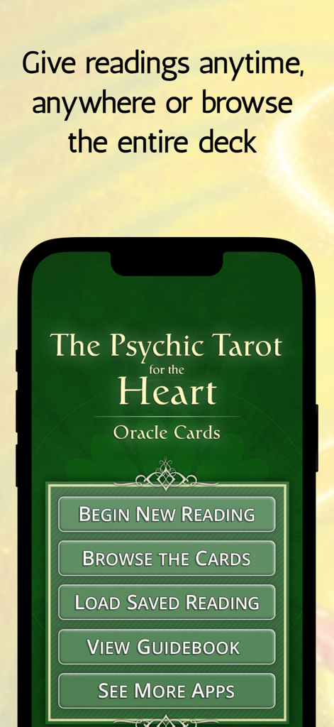 The Psychic Tarot for Heart - The main menu of The Psychic Tarot for the Heart app with options for new readings and browsing the oracle deck.