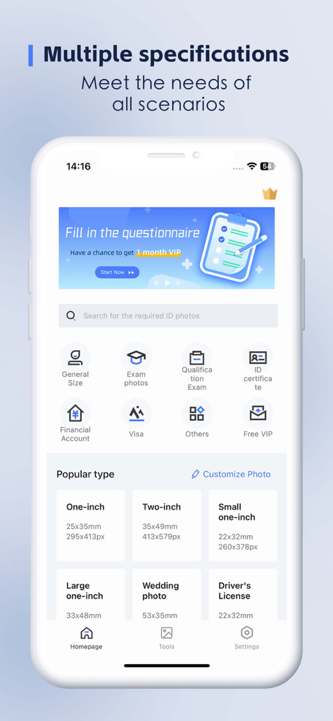 ID Photo:Passport Photo Maker - Interface of the ID Photo Passport Photo Maker app showing various size options for visas and drivers licenses