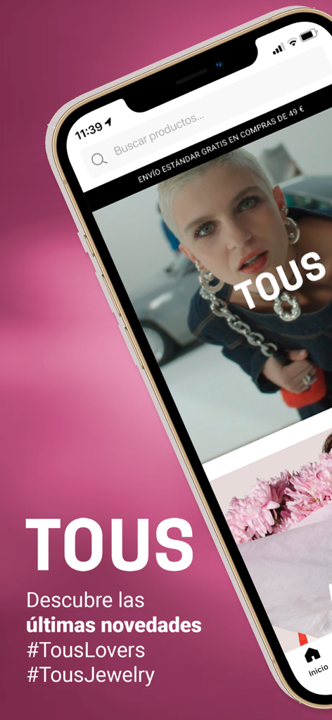 TOUS - iPhone screen displaying the TOUS shopping app interface featuring a fashion model wearing silver jewelry and brand hashtags.