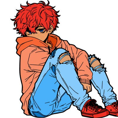 a male hoddie ripped jeans messy hair anime