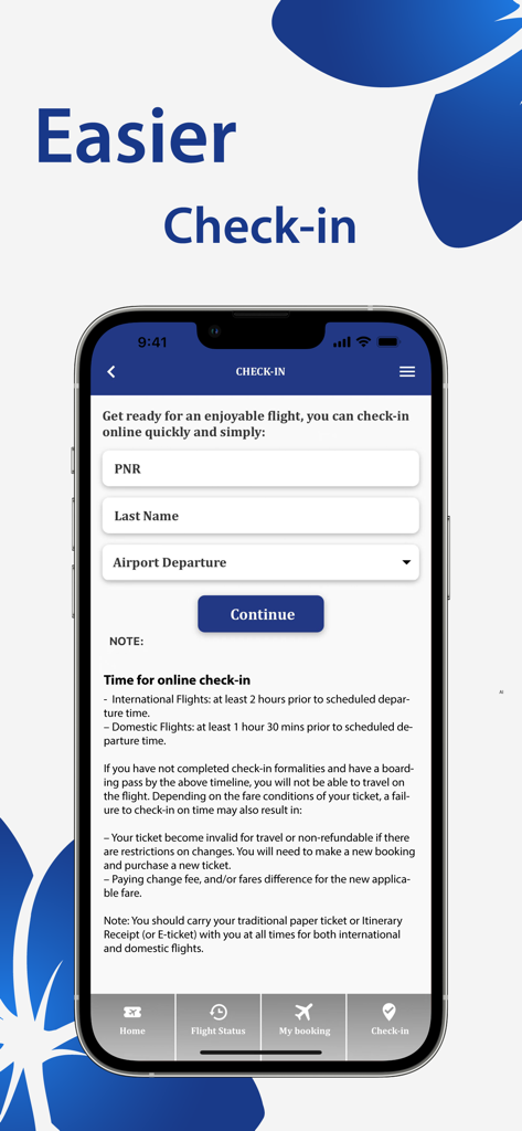 Lao Airlines - PNR 및 승객 성으로 필드가 포함된 라오항공 앱 온라인 체크인 화면