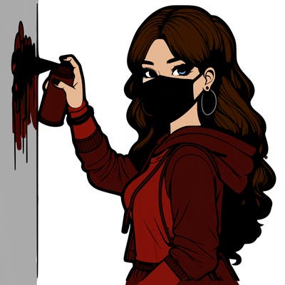 realistic girl with mask spray painting a wall