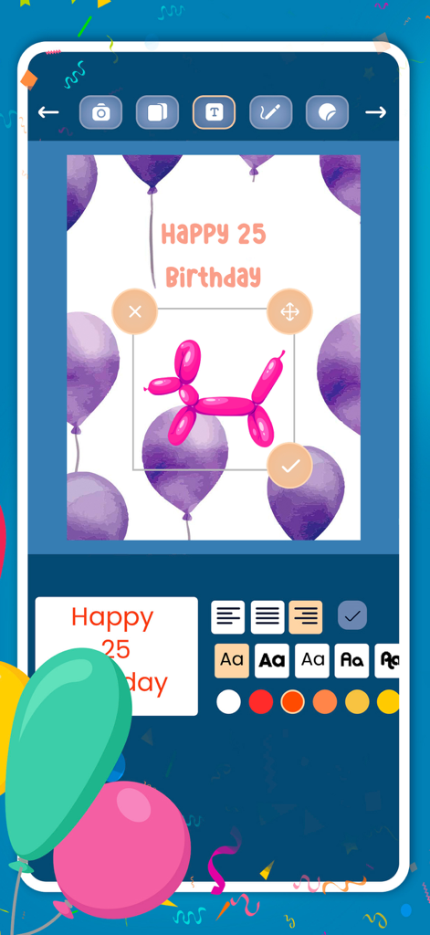 Create birthday greeting cards - Pantalla de una aplicación móvil para crear una tarjeta de felicitación de cumpleaños personalizada con texto y gráficos