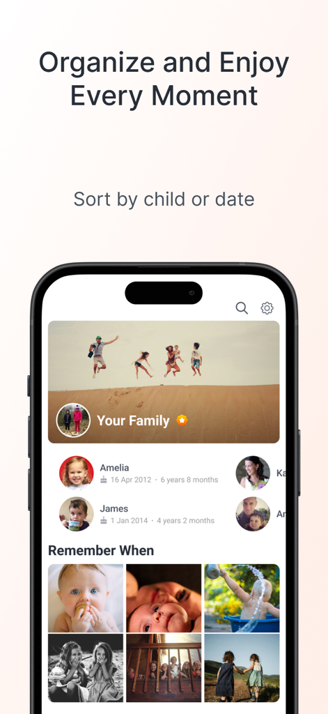 23snaps: Private Family Album - 23snaps mobile app interface showing family profiles and a photo gallery grid