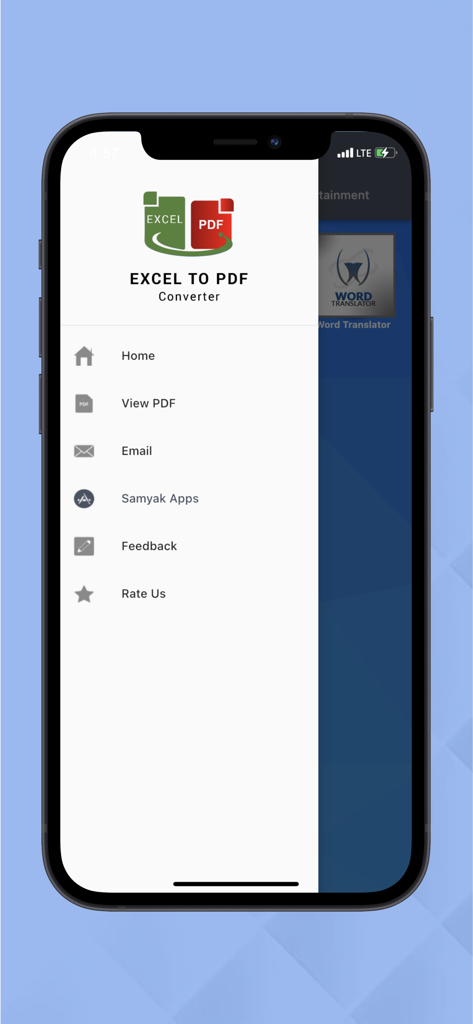 Excel To Pdf Converter - Menu de navegação lateral do aplicativo móvel Conversor de Excel para PDF mostrando opções como Início, Visualizar PDF e E-mail.