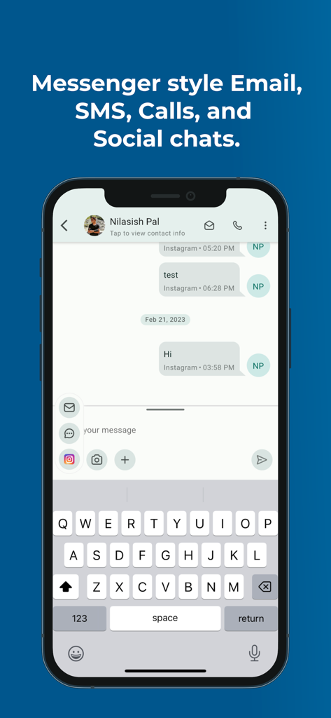 Lead Connector mobile app interface displaying a unified messenger for email, SMS, and social media chats.