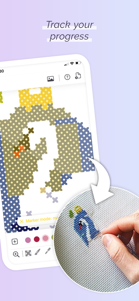 Cross Stitch Pattern Maker - A person using the cross stitch mark-up tool to track progress on a digital pattern while sewing