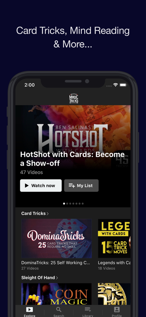 Master Magic Tricks - Panel de la aplicación Master Magic Tricks con tutoriales de trucos de cartas y juegos de manos