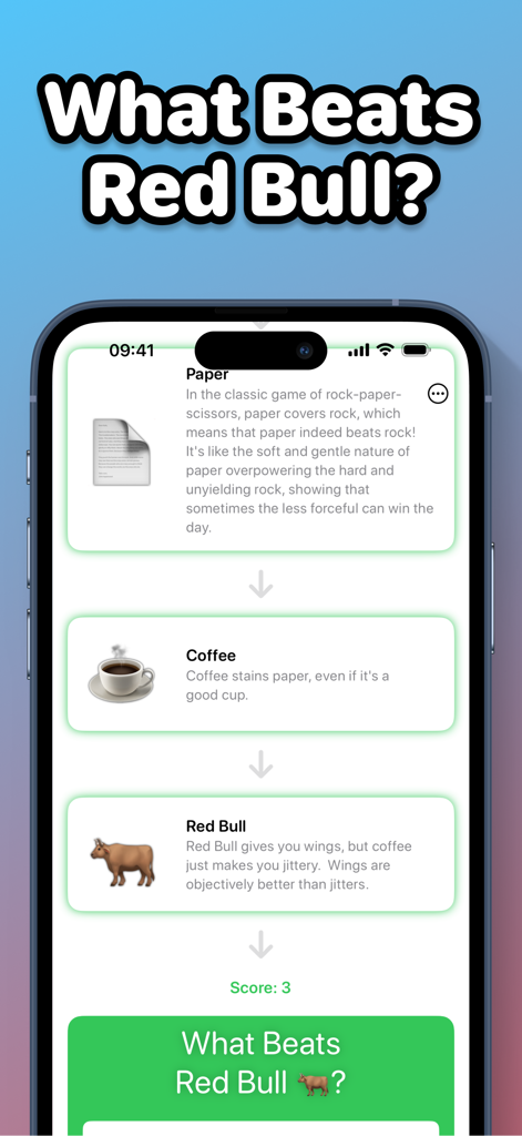 What Beats Rock - Una sequenza che mostra la carta che batte il sasso, il caffè che batte la carta e la Red Bull che batte il caffè nell'app What Beats Rock.
