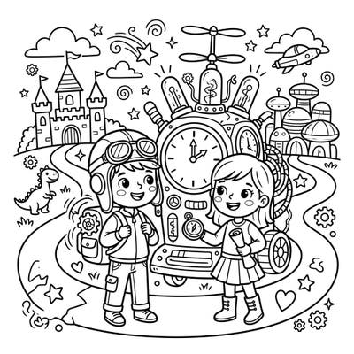 Unleash your child's imagination with this delightful coloring page featuring two brave time travelers and their incredible time machine. Explore past and future worlds as they color their way through history and beyond!