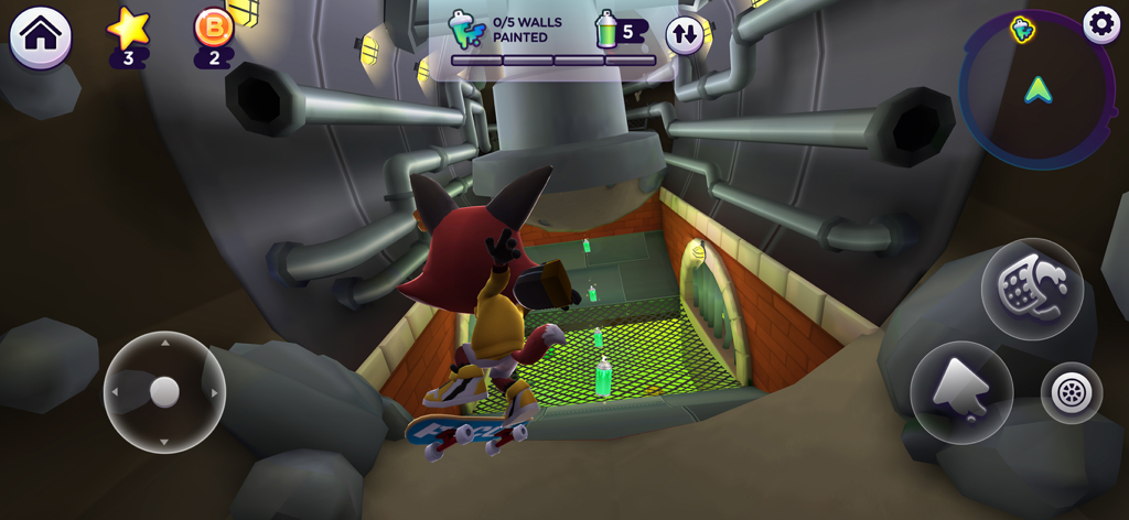 A character on a skateboard navigating a 3D industrial level in the Word Tag lingo learning game.
