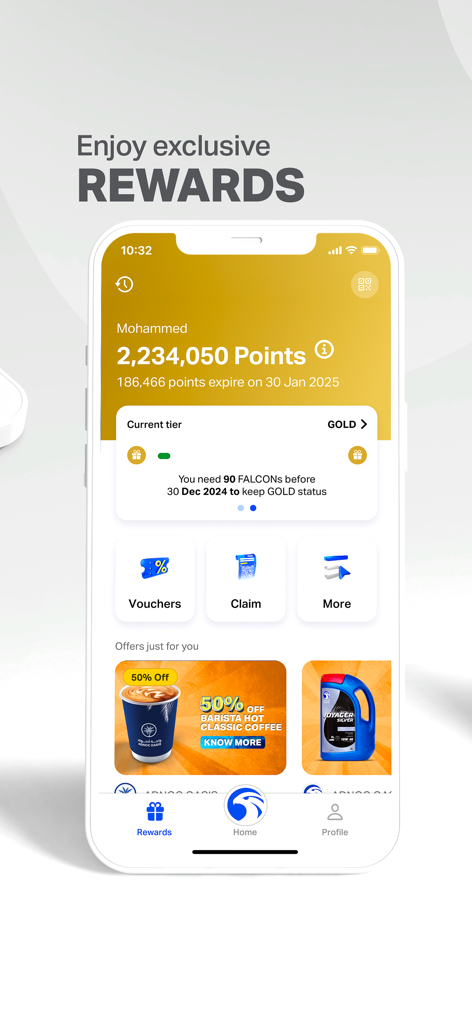 A screenshot of the ADNOC Dist app rewards section showing user loyalty points and gold tier status