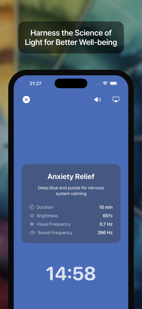 RelaxColors: Light Therapy AI - Pantalla de sesión de terapia de luz para aliviar la ansiedad en la aplicación RelaxColors que muestra la configuración y un temporizador de cuenta regresiva.