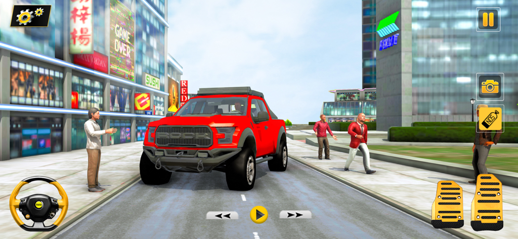 Grand City Taxi Driving Games - Taxi de recogida rojo en un entorno urbano 3D con pasajeros y controles de conducción
