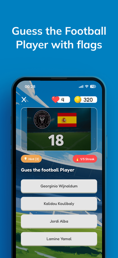 Football Quiz - Tiki Taka - Mobile app interface showing a soccer player trivia question with club logo and national flag
