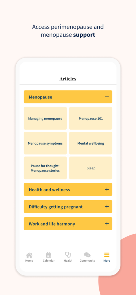 Ovia Cycle & Pregnancy Tracker - Interfaccia dell'app Ovia che mostra articoli di esperti sul supporto per menopausa, perimenopausa e benessere