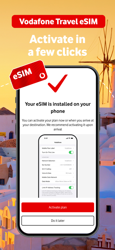 Vodafone Travel - Vodafone Travel app screen confirming eSIM installation with an option to activate the data plan.