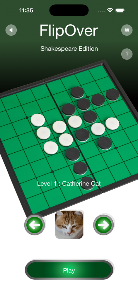 FlipOver Shakespeare Edition mobile game interface showing a green board with black and white pieces and Level 1 Catherine Cat selection