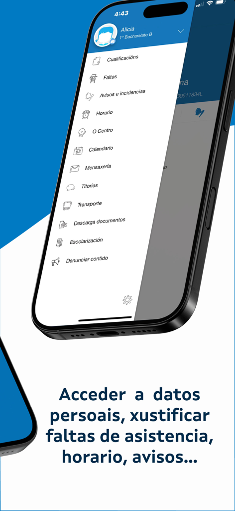 abalarMóbil app menu on a smartphone showing school management features like grades, absences, and schedules.