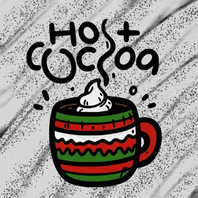 steaming cup of hot cocoa with words that say hot cocoa above it