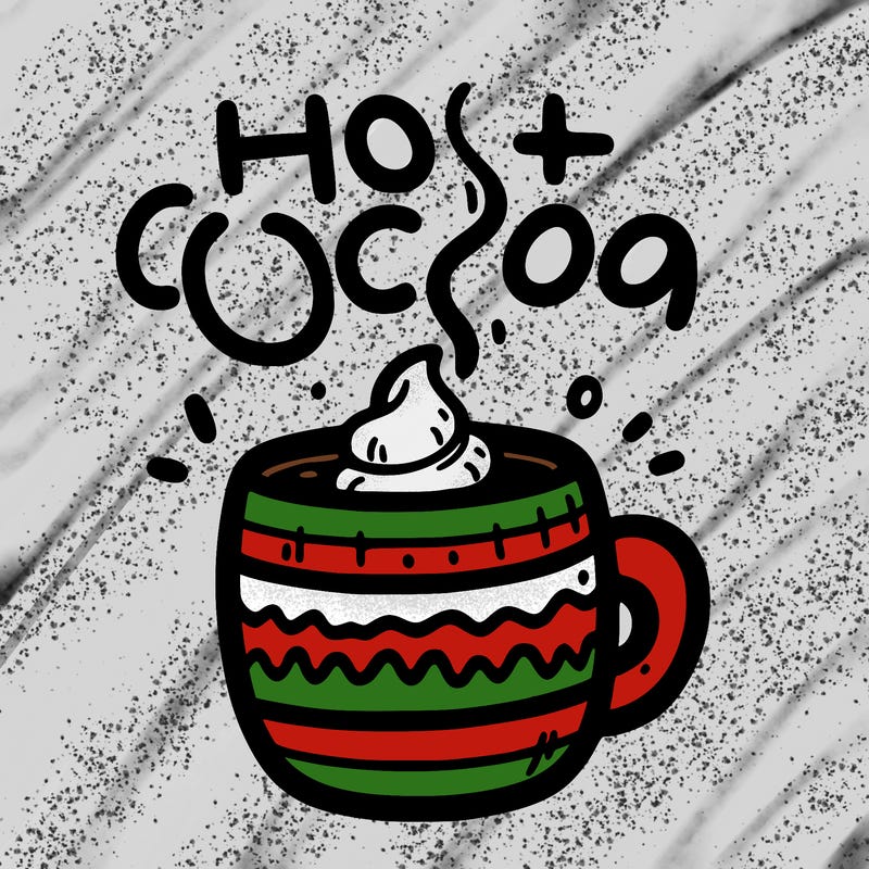 steaming cup of hot cocoa with words that say hot cocoa above it