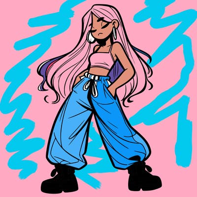 girl in baggy pants crop top and long hair